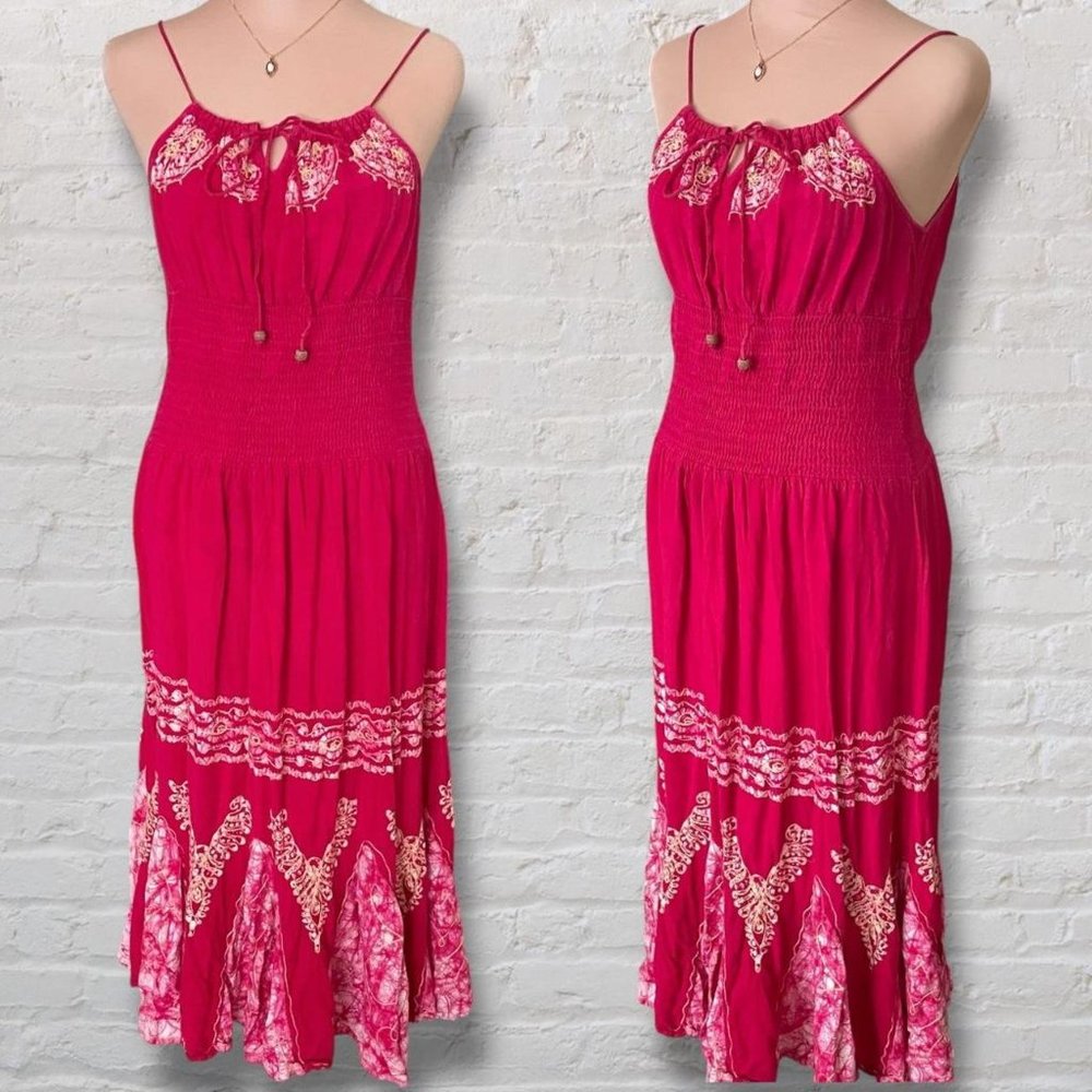 Fashion Terminal Boho Embroidered Smocked Pink Maxi Dress